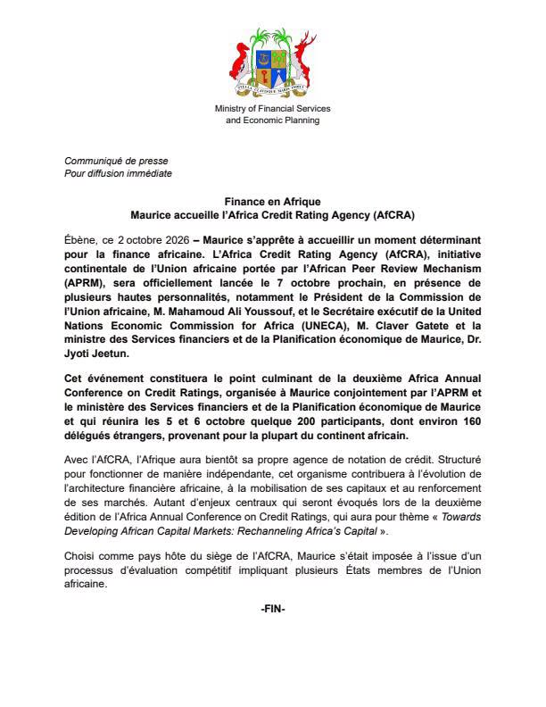 Communiqué du ministère mauricien des Services financiers annonçant l'accueil de l'AfCRA. Source : Ministry of Financial Services and Economic Planning, Maurice.