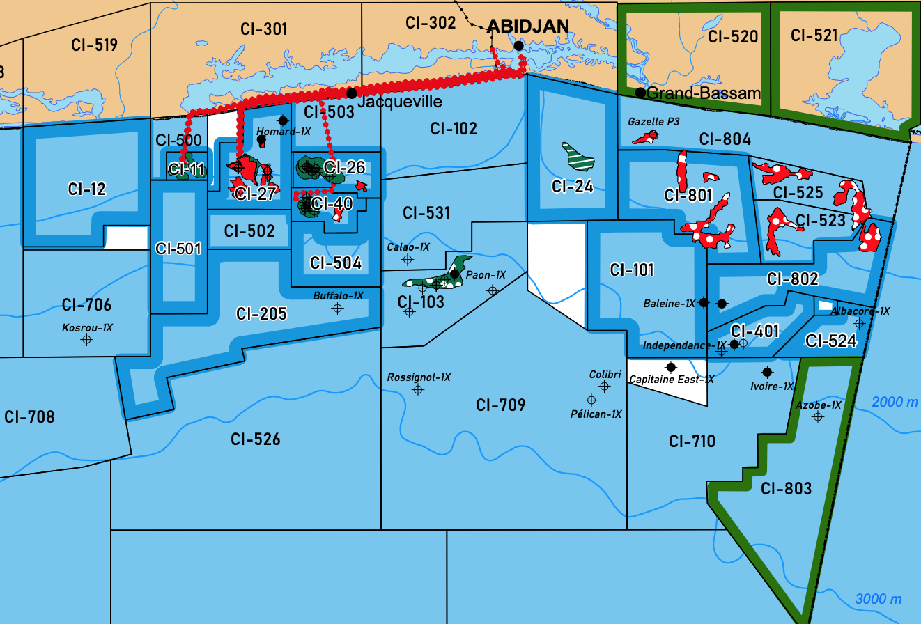 Les blocs offshore du bassin ivoirien et la localisation des principaux prospects et découvertes · Source : Force de Côte d'Ivoire