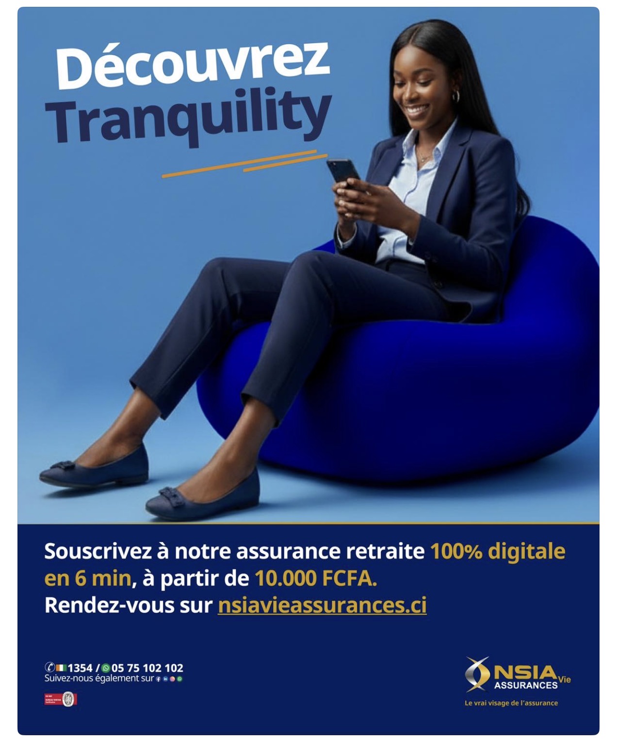 Visuel publicitaire fourni par NSIA Vie : souscription digitale annoncée en six minutes. Les promesses présentées sont celles de l’assureur.