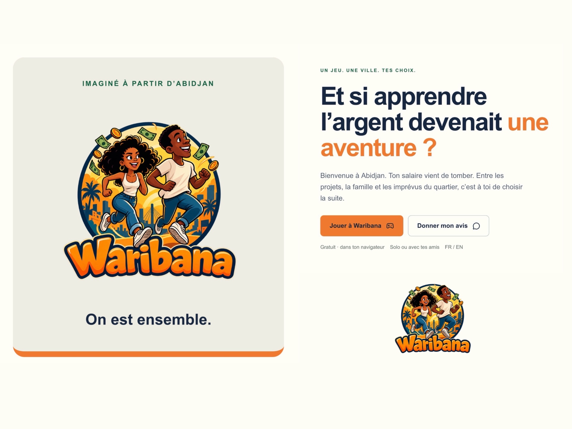 Waribana, « Un mois à Abidjan » : le jeu se joue gratuitement dans le navigateur, seul ou entre amis, en français et en anglais. Source : waribana.com