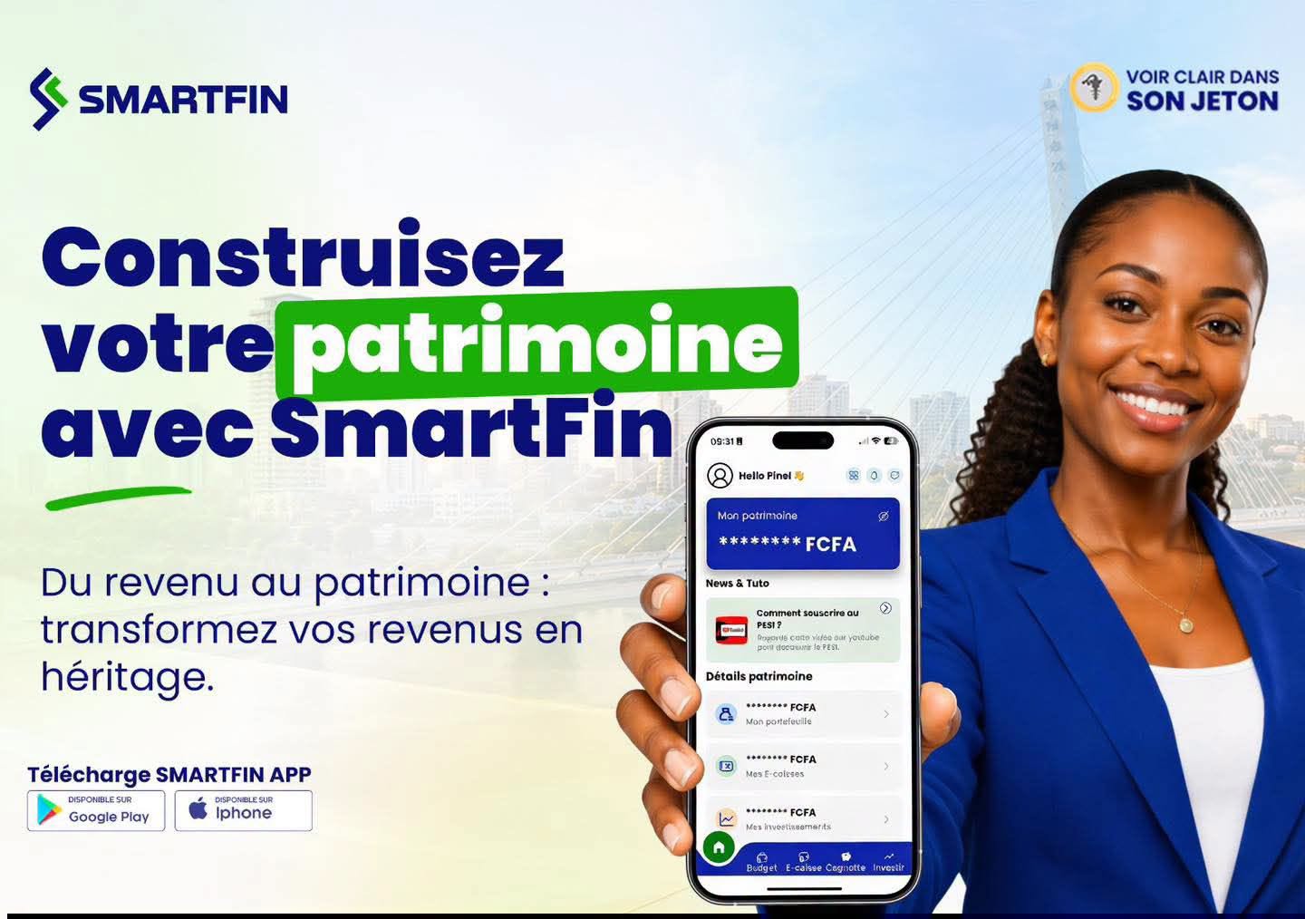 L'application Smartfin : budget, E-caisses, cagnotte et investissements réunis dans une même interface. Visuel : Smartfin